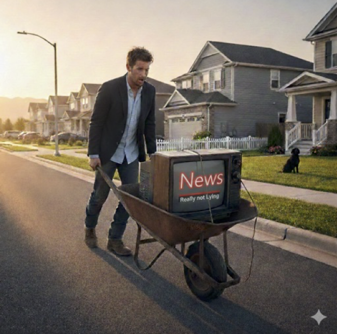 Image of a man pushing a wheelbarrow down the street. There is a television set in the wheelbarrow and its screen is displaying text, "News: Really Not Lying"