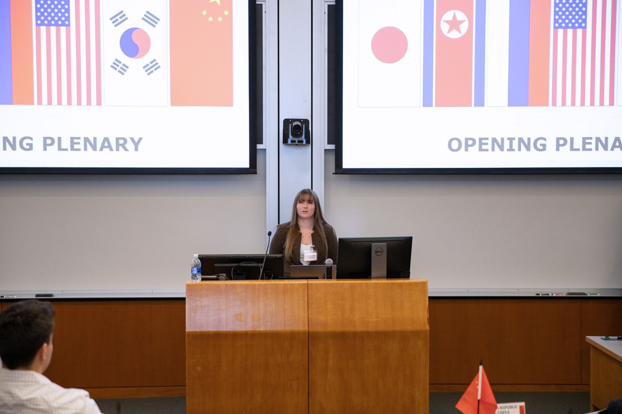 SIA student Savannah Gibson speaking during the opening plenary session as head delegate of Russia.