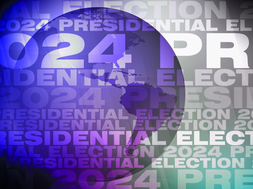 Graphic with a globe and the words "2024 presidential election"